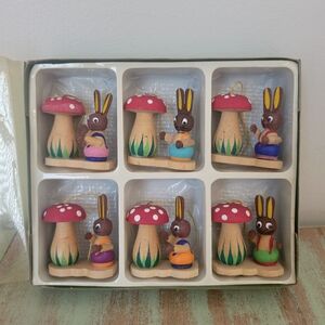Rare - New Old Stock Kurt Adler Wooden Bunny & Toadstool Ornament Set
